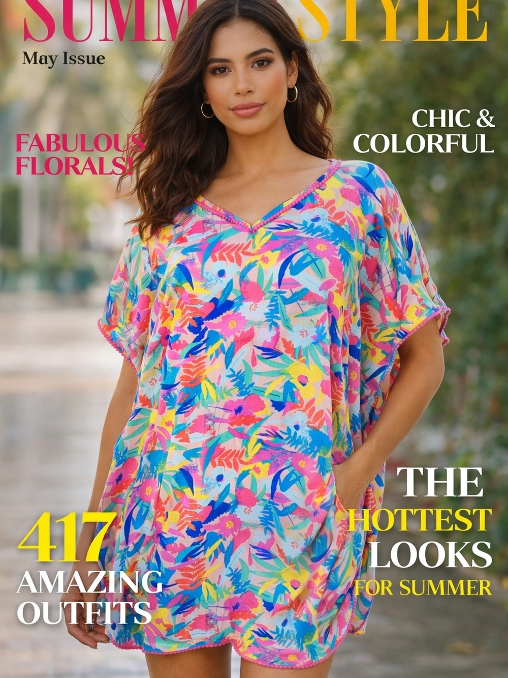 NEW  Colorful Floral V-Neck Swim Cover-Up - Multicolor